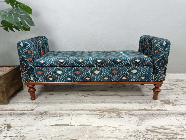 Blue Velvet Fabric Upholstered Storage Ottoman Bench, Farmhouse Bench, Dressing room bench, Window seat, Wooden Leg Bench, Oriental Leg Walnut Footstool Bench