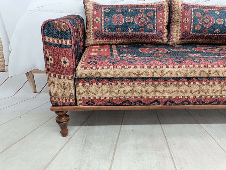 Nomadic Pattern Footstool Bench, Rustic Bench, Traditional Comfort Bench, Oriental Wooden Leg Bench, Eraseble Footstool Bench