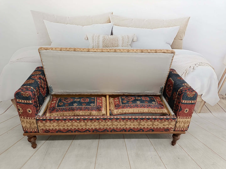 Eco FriendOriemly Bench, Pet Friendly Upholstered Bench, Oriental Printed Fabric Upholstered Ottoman Bench