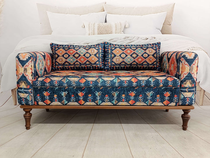 Piano Sitting Couch Footstool Bench, Close-up of Bohemian Pattern Round Bench, Classic Fabric Upholstered Entryway Round Bench Bedroom