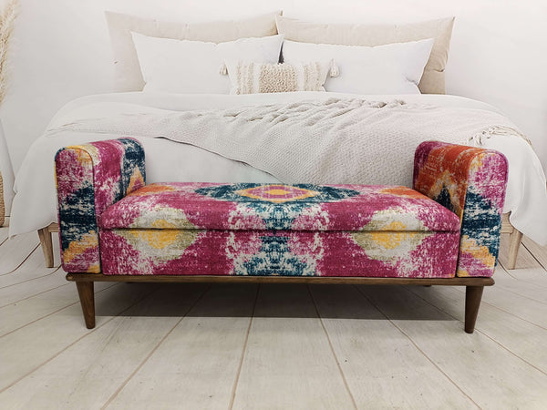 Pink Fabric Upholstered Armed Storage Bench